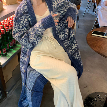 Dugi kardigan od vunene smjese s džakard pletenjem, udoban kroj, V-izrez, japansko-korejski ležerni stil