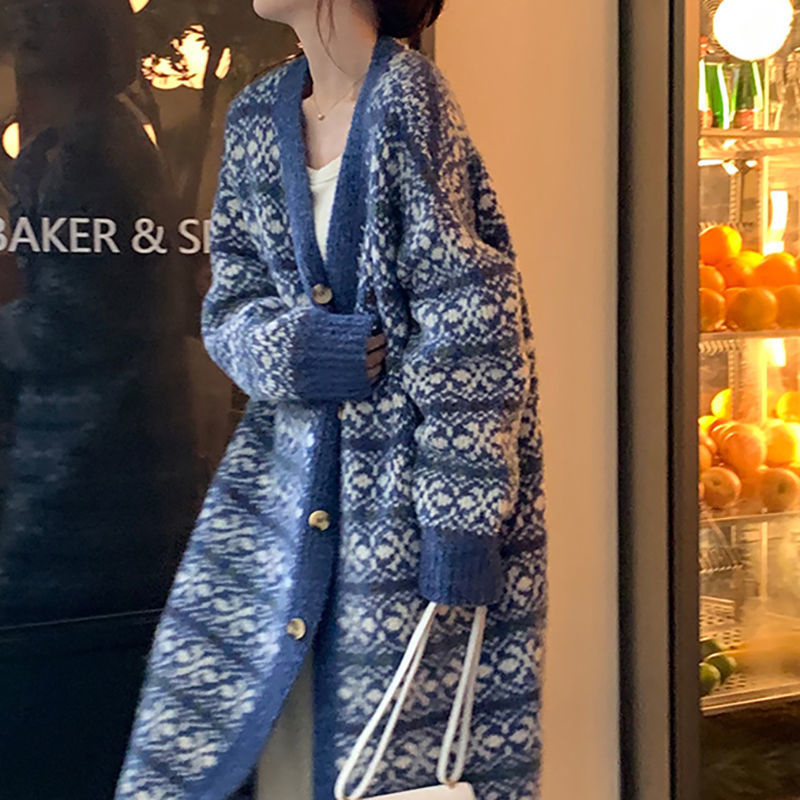 Dugi kardigan od vunene smjese s džakard pletenjem, udoban kroj, V-izrez, japansko-korejski ležerni stil