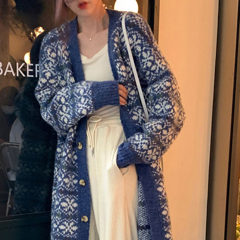 Dugi kardigan od vunene smjese s džakard pletenjem, udoban kroj, V-izrez, japansko-korejski ležerni stil