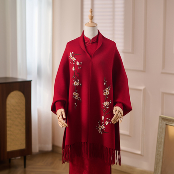 Ženski pleteni kardigan-šal s rukavima u obliku bat, izvezen floralni uzorak, srednje duljine, poliester, čuva toplinu