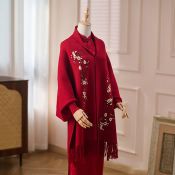 Ženski pleteni kardigan-šal s rukavima u obliku bat, izvezen floralni uzorak, srednje duljine, poliester, čuva toplinu