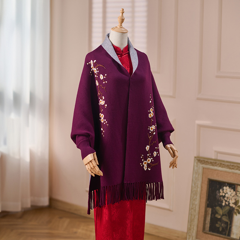 Ženski pleteni kardigan-šal s rukavima u obliku bat, izvezen floralni uzorak, srednje duljine, poliester, čuva toplinu