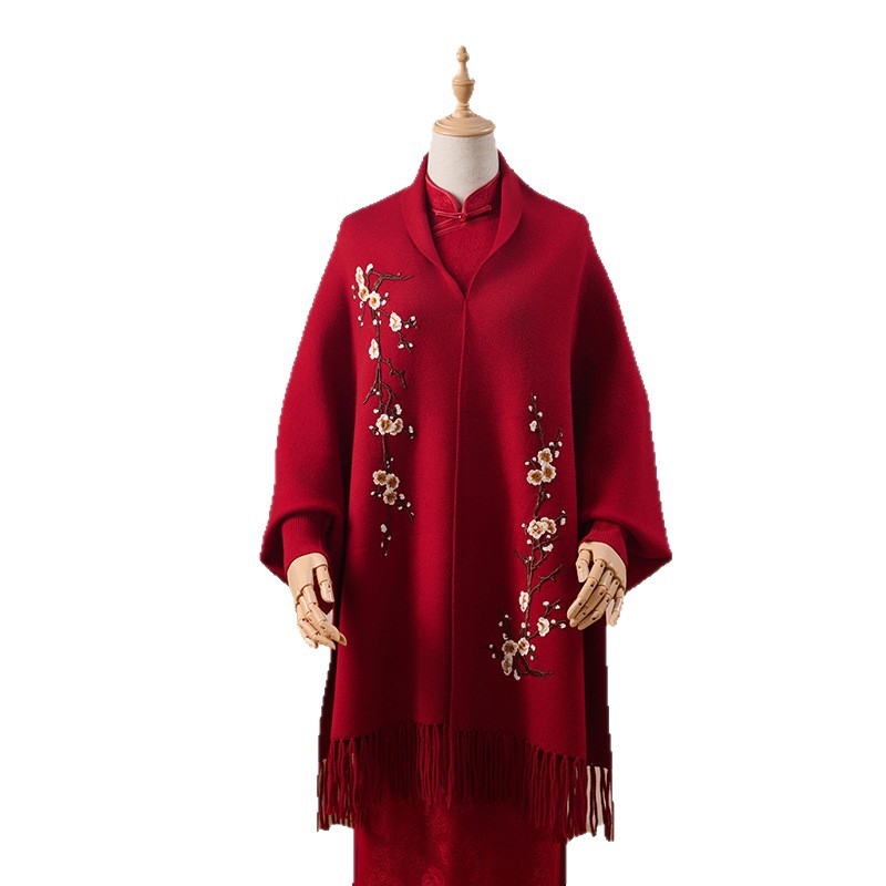 Ženski pleteni kardigan-šal s rukavima u obliku bat, izvezen floralni uzorak, srednje duljine, poliester, čuva toplinu