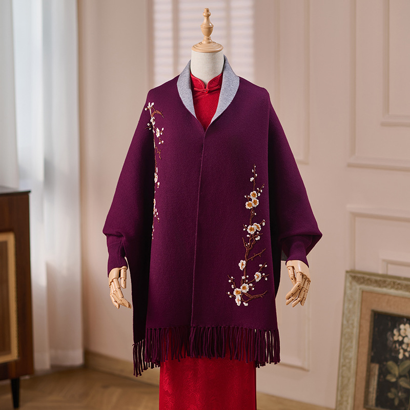 Ženski pleteni kardigan-šal s rukavima u obliku bat, izvezen floralni uzorak, srednje duljine, poliester, čuva toplinu