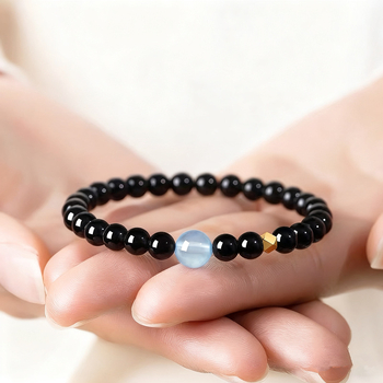 Narukvica od prirodnog obsidijana, ručno izrađene perle s akvamarinskim kristalima, unisex minimalistički stil