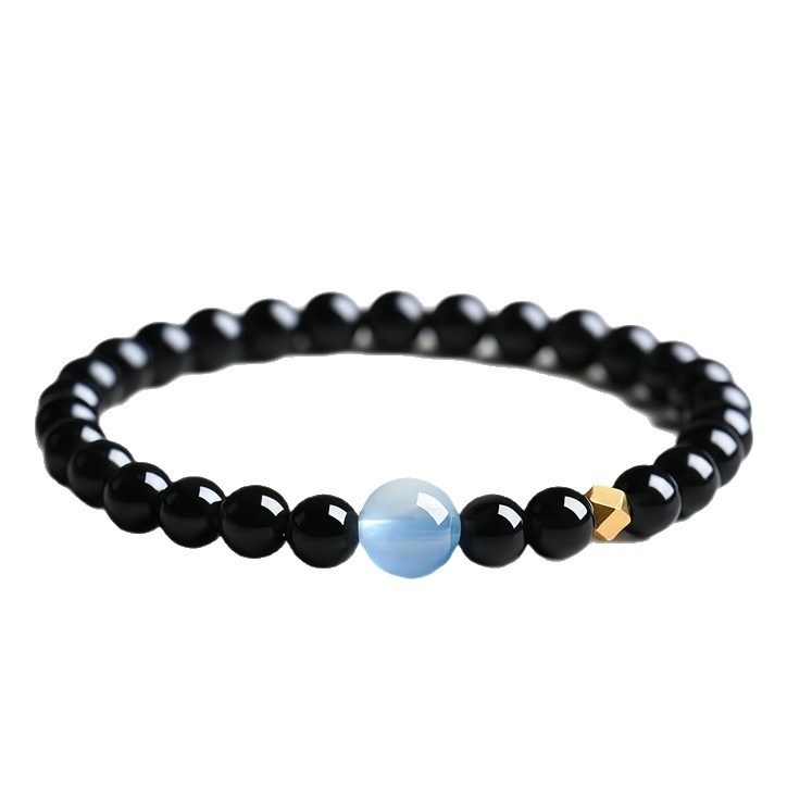 Narukvica od prirodnog obsidijana, ručno izrađene perle s akvamarinskim kristalima, unisex minimalistički stil