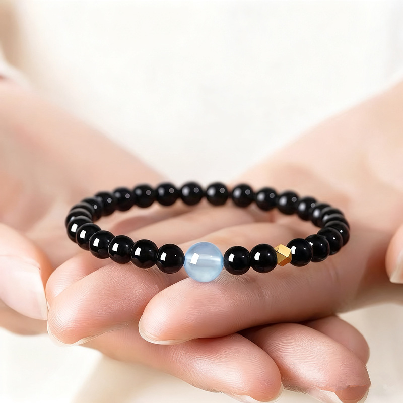Narukvica od prirodnog obsidijana, ručno izrađene perle s akvamarinskim kristalima, unisex minimalistički stil