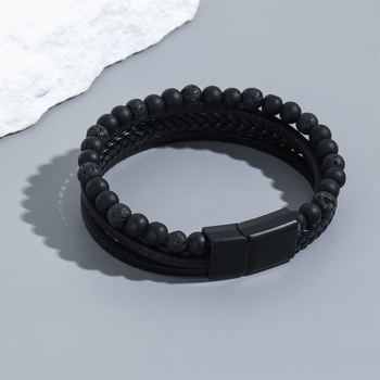 Muška narukvica od obsidijana, protkana, s tekstnim perlama — Shang Yi Jewelry