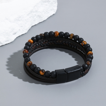 Muška narukvica od obsidijana, protkana, s tekstnim perlama — Shang Yi Jewelry