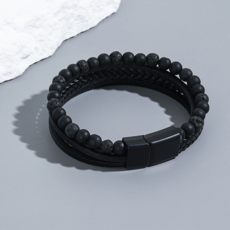Muška narukvica od obsidijana, protkana, s tekstnim perlama — Shang Yi Jewelry