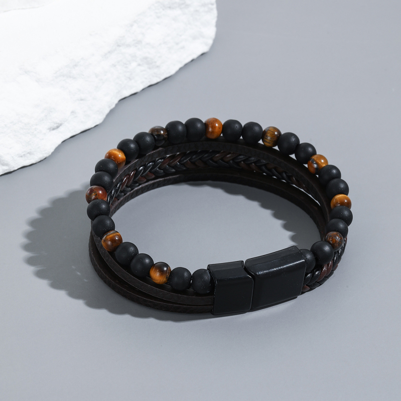 Muška narukvica od obsidijana, protkana, s tekstnim perlama — Shang Yi Jewelry