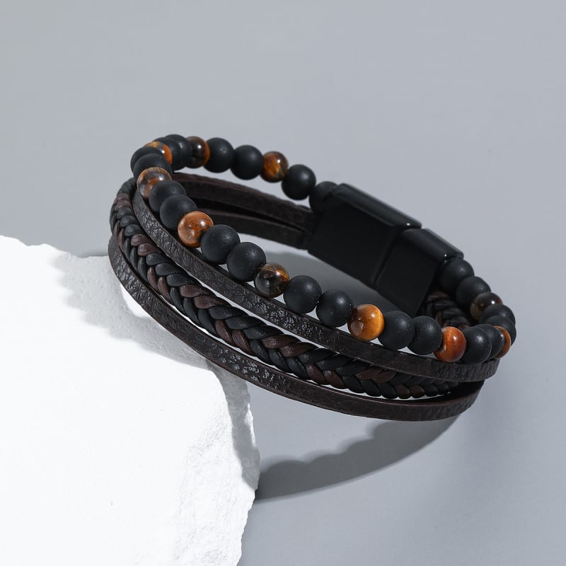 Muška narukvica od obsidijana, protkana, s tekstnim perlama — Shang Yi Jewelry