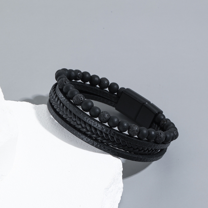 Muška narukvica od obsidijana, protkana, s tekstnim perlama — Shang Yi Jewelry