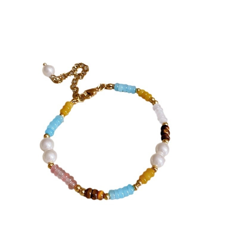 Brățară din oțel titan cu mărgele din piatră ochi de tigru naturală, lucrată manual, design geometric, pentru femei