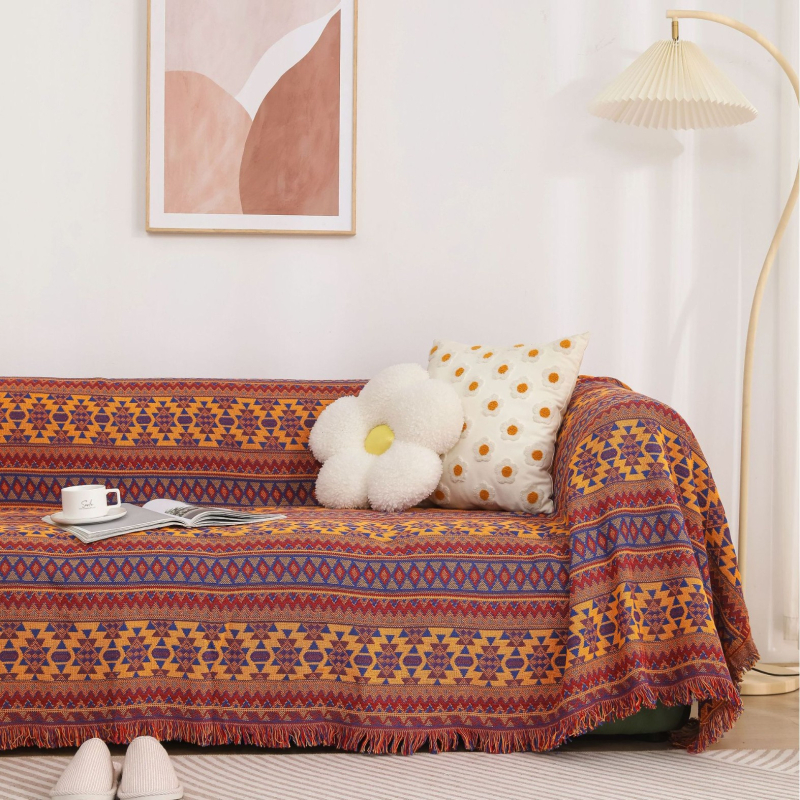 Kötött kétoldalas kanapé takaró geometriai mintával, pamut, 300–499 g, testreszabható, etnikus stílus