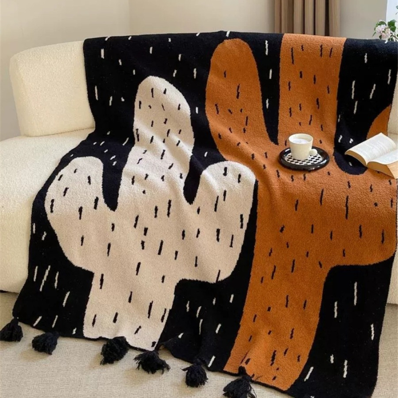 Kaktusz kötött pléd, növények és virágok mintával, vidéki stílus, súly 500–800 g