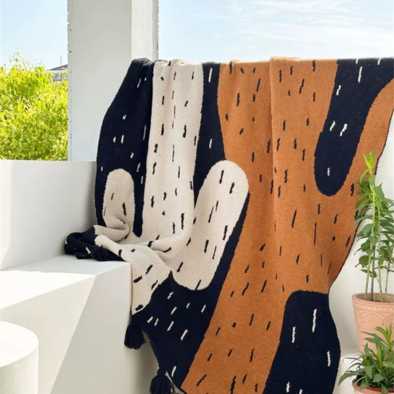 Kaktusz kötött pléd, növények és virágok mintával, vidéki stílus, súly 500–800 g