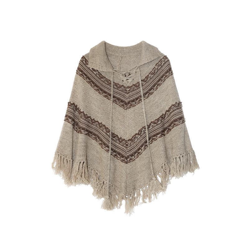 Női dzseki gyapjú-nylon keverékéből, csíkos mintázat, irodalmi retro stílus, hossz 50–65 cm, ujj nélküli kapucnival és reverrel