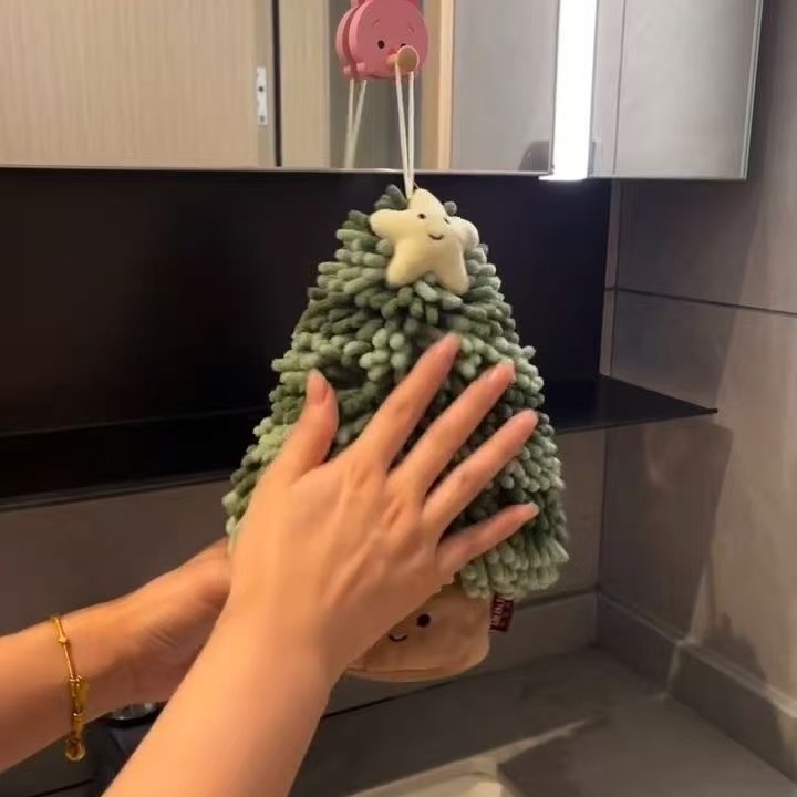 Prosop de mână cu design brad de Crăciun, drăguț și creativ, ultra-absorbant, îngroșat, anti-miros, pentru bucătărie și baie, cu agățare