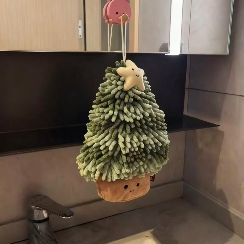 Prosop de mână cu design brad de Crăciun, drăguț și creativ, ultra-absorbant, îngroșat, anti-miros, pentru bucătărie și baie, cu agățare