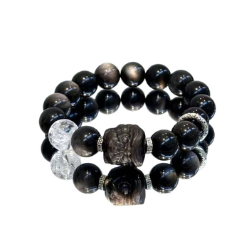 Prirodni obsidijan narukvica s motivom probuđenog lava, srebrni obsidijan, crno-bijeli kristali, mačje oko – unisex nakit