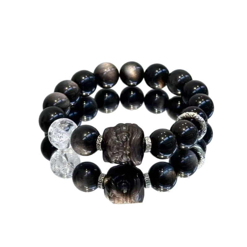 Prirodni obsidijan narukvica s motivom probuđenog lava, srebrni obsidijan, crno-bijeli kristali, mačje oko – unisex nakit