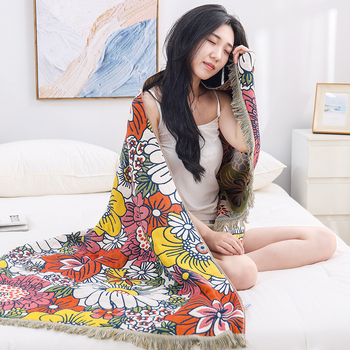 Prosop de baie/plajă din bumbac gază cu ciucuri și model floral, țesătură Jacquard, 32 fire, 400–500 g