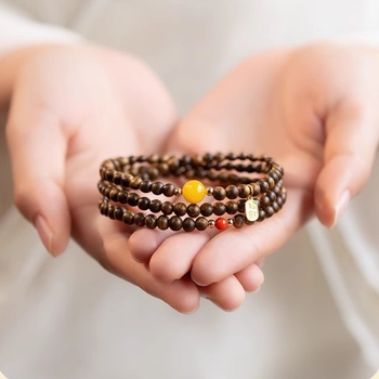 Bratara din Agarwood cu înfășurare multiplă, mărgele din ceară de albine, lustruită, unisex, stil chinezesc