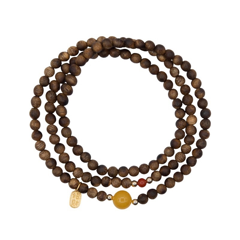 Bratara din Agarwood cu înfășurare multiplă, mărgele din ceară de albine, lustruită, unisex, stil chinezesc