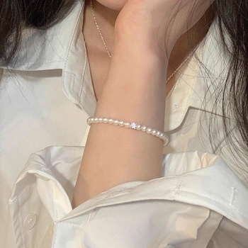 Brățară din argint 925, lucrată manual, pentru femei, design geometric cu zirconiu pătrat și perle imitatie rotunde, stil ușor lux