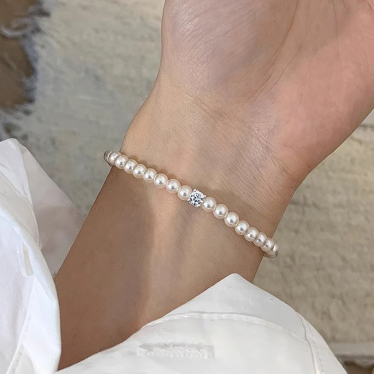 Brățară din argint 925, lucrată manual, pentru femei, design geometric cu zirconiu pătrat și perle imitatie rotunde, stil ușor lux