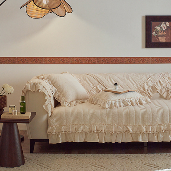 Pamut- és vászon kanapé párnahuzat, francia stílusú szoknyás dizájn, univerzális illeszkedés, egyszínű minta