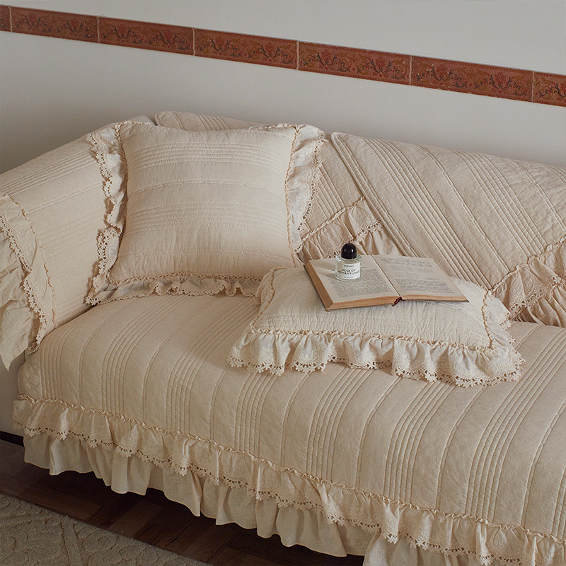 Pamut- és vászon kanapé párnahuzat, francia stílusú szoknyás dizájn, univerzális illeszkedés, egyszínű minta