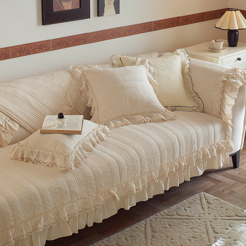 Pamut- és vászon kanapé párnahuzat, francia stílusú szoknyás dizájn, univerzális illeszkedés, egyszínű minta