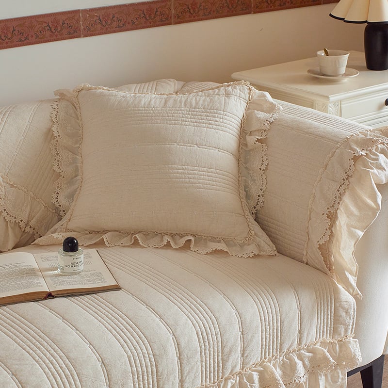 Pamut- és vászon kanapé párnahuzat, francia stílusú szoknyás dizájn, univerzális illeszkedés, egyszínű minta