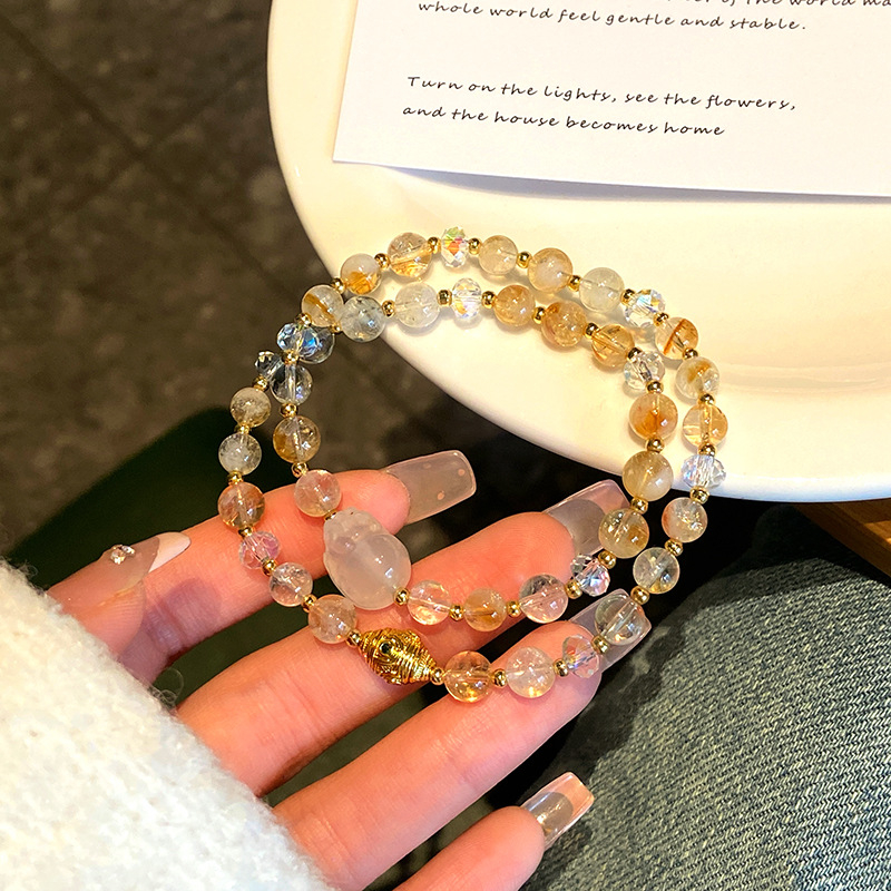 Brățară Pixiu cu cristal în formă de turn, dublu cerc, lucrată manual, stil feminin chinezesc, motiv animal zodiac, iarna 2024