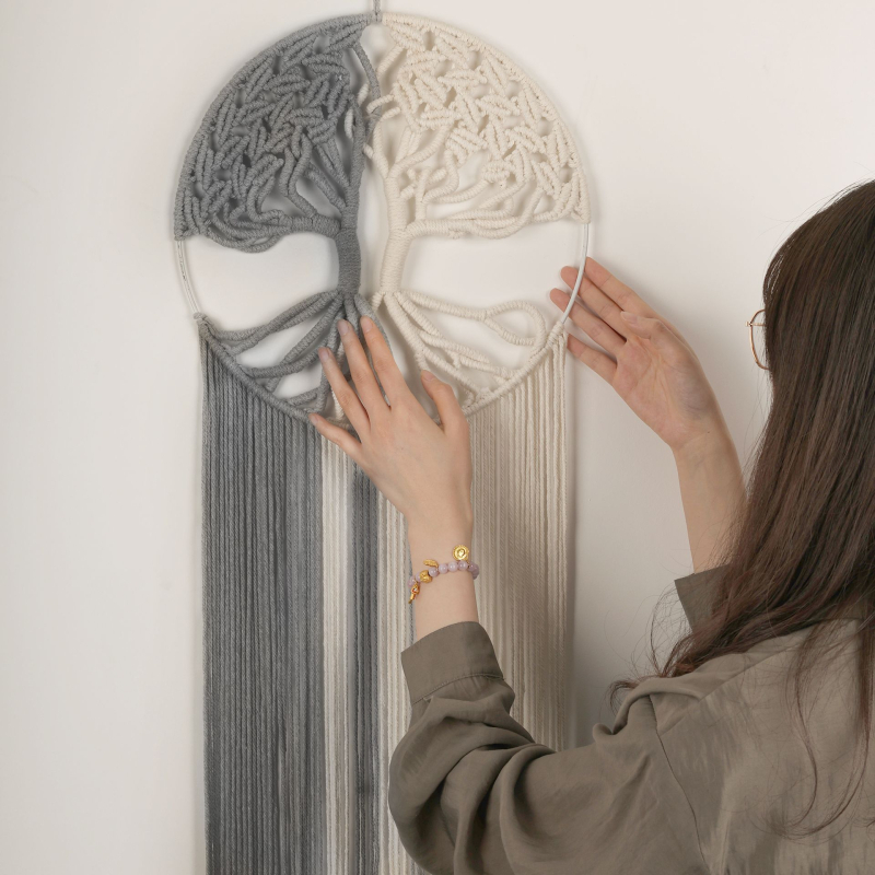 Гоблен за стена: Дървото на живота, ръчно тъкана памучна тъкан, кръгла форма, кръгъл мотив (ръчно тъкана; памук; кръгла форма; кръгъл мотив)