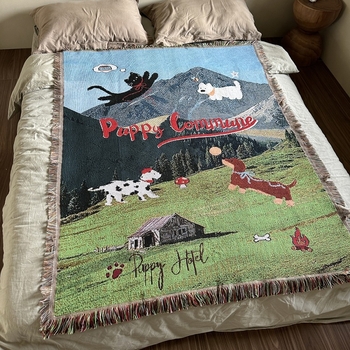 Dekorativni goblen s ilustracijom šteneta za kauč i kampiranje, pleteni pamučni prekrivač