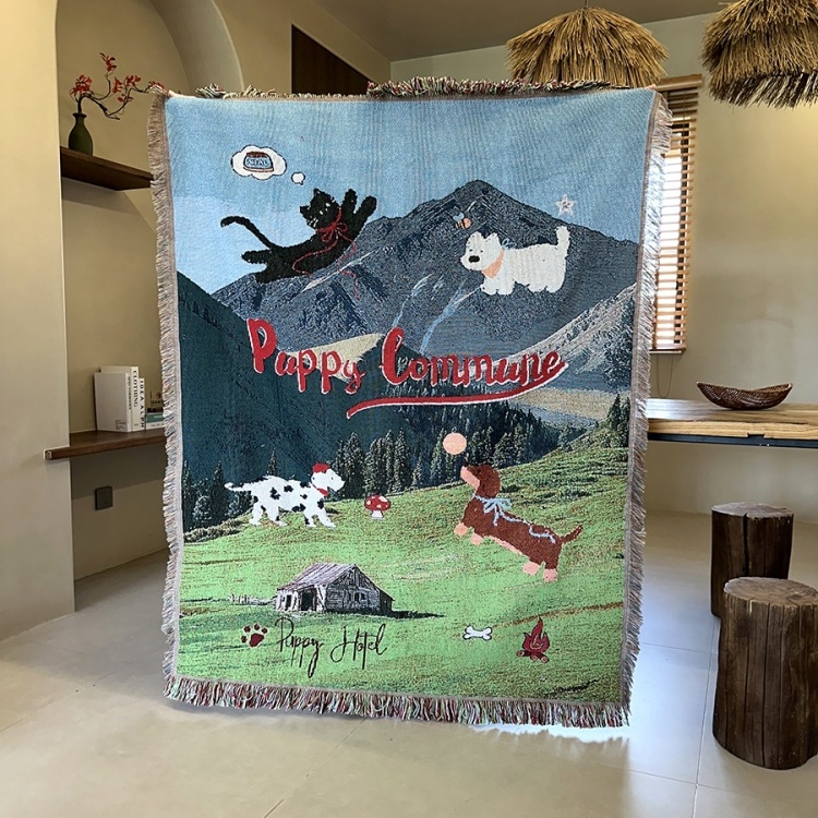 Dekorativni goblen s ilustracijom šteneta za kauč i kampiranje, pleteni pamučni prekrivač