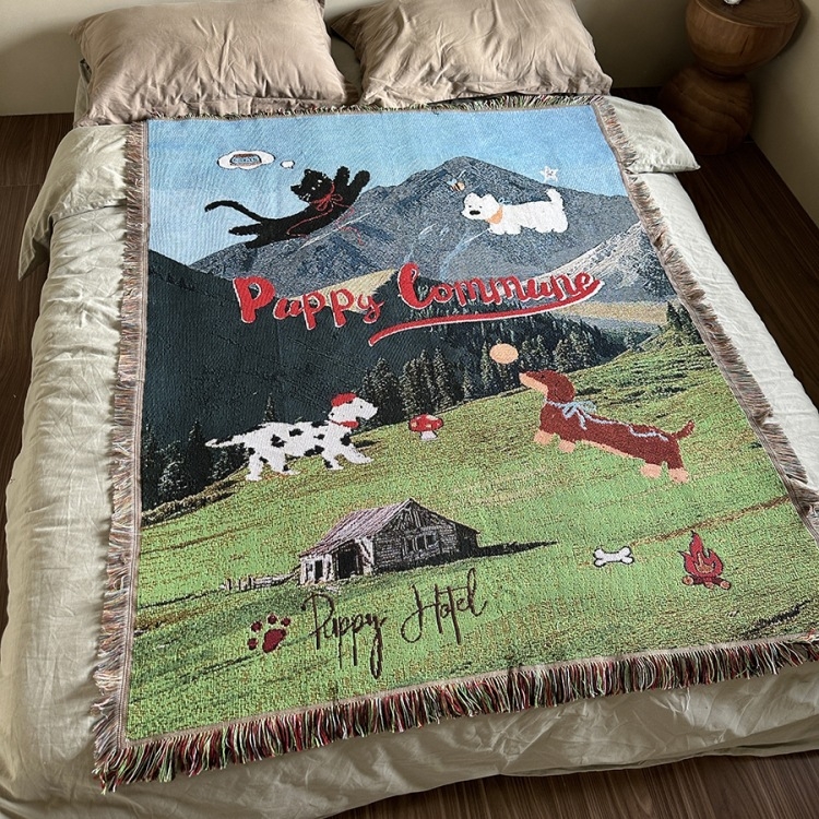 Dekorativni goblen s ilustracijom šteneta za kauč i kampiranje, pleteni pamučni prekrivač