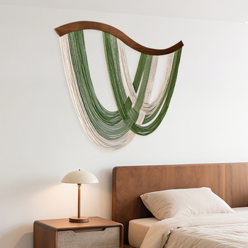 Скандинавски гоблен за стена с извити дървени панели, памучен конец и пискюли; ръчно тъкAано, овална форма; подходящ за дневна, спалня, ресторан, балкон и детска стая (Материал: памук; Стил: бохемски; Техника: ръчно тъкане; Форма: овална)