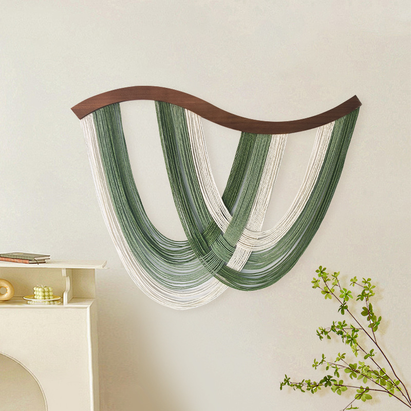 Скандинавски гоблен за стена с извити дървени панели, памучен конец и пискюли; ръчно тъкAано, овална форма; подходящ за дневна, спалня, ресторан, балкон и детска стая (Материал: памук; Стил: бохемски; Техника: ръчно тъкане; Форма: овална)