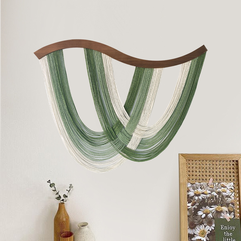 Скандинавски гоблен за стена с извити дървени панели, памучен конец и пискюли; ръчно тъкAано, овална форма; подходящ за дневна, спалня, ресторан, балкон и детска стая (Материал: памук; Стил: бохемски; Техника: ръчно тъкане; Форма: овална)