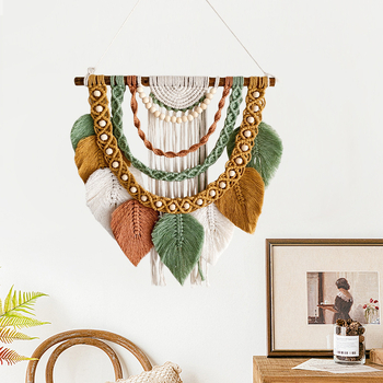 Tapiserie în stil nordic, țesută manual din bumbac, cu ciucuri în formă de frunze, dreptunghiulară pentru sufragerie și dormitor