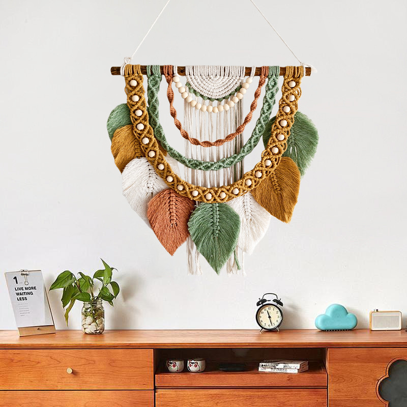 Tapiserie în stil nordic, țesută manual din bumbac, cu ciucuri în formă de frunze, dreptunghiulară pentru sufragerie și dormitor