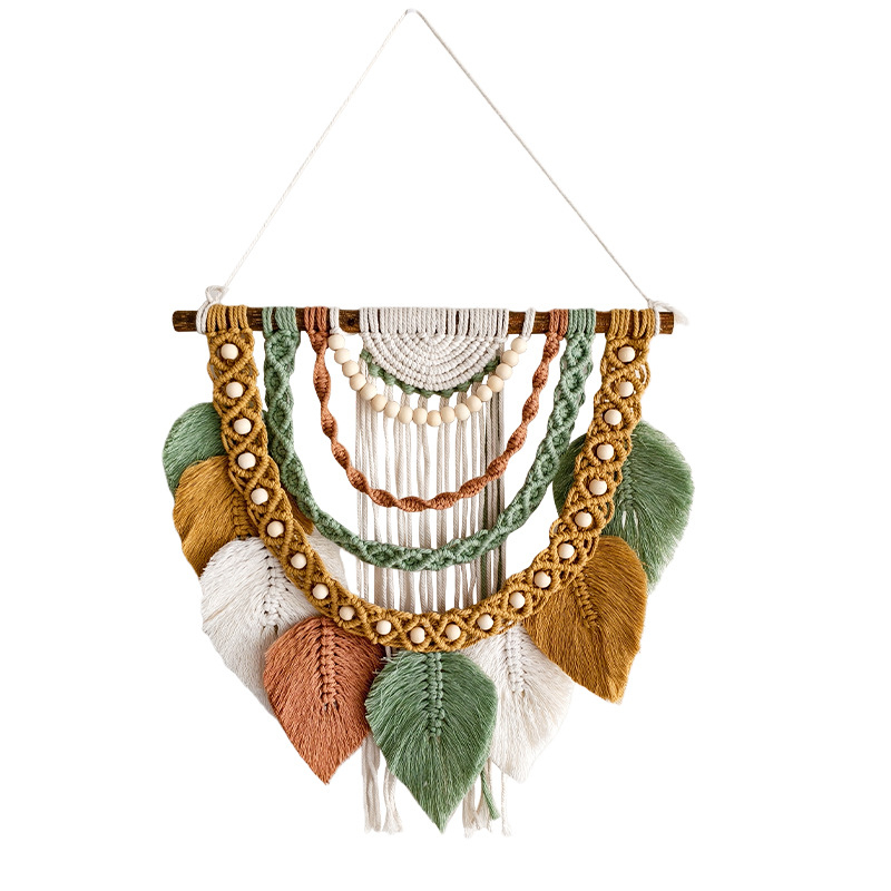 Tapiserie în stil nordic, țesută manual din bumbac, cu ciucuri în formă de frunze, dreptunghiulară pentru sufragerie și dormitor