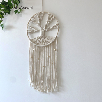 Ръчно тъкан гобелен ловец на сънища от памучно въже, кръгла форма, Дърво на живота, бохемски нордически домашен декор