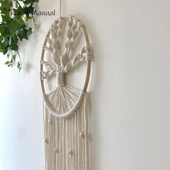 Ръчно тъкан гобелен ловец на сънища от памучно въже, кръгла форма, Дърво на живота, бохемски нордически домашен декор