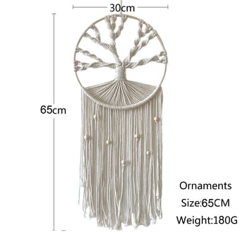 Ръчно тъкан гобелен ловец на сънища от памучно въже, кръгла форма, Дърво на живота, бохемски нордически домашен декор