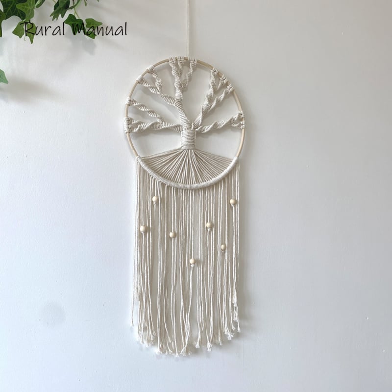 Ръчно тъкан гобелен ловец на сънища от памучно въже, кръгла форма, Дърво на живота, бохемски нордически домашен декор